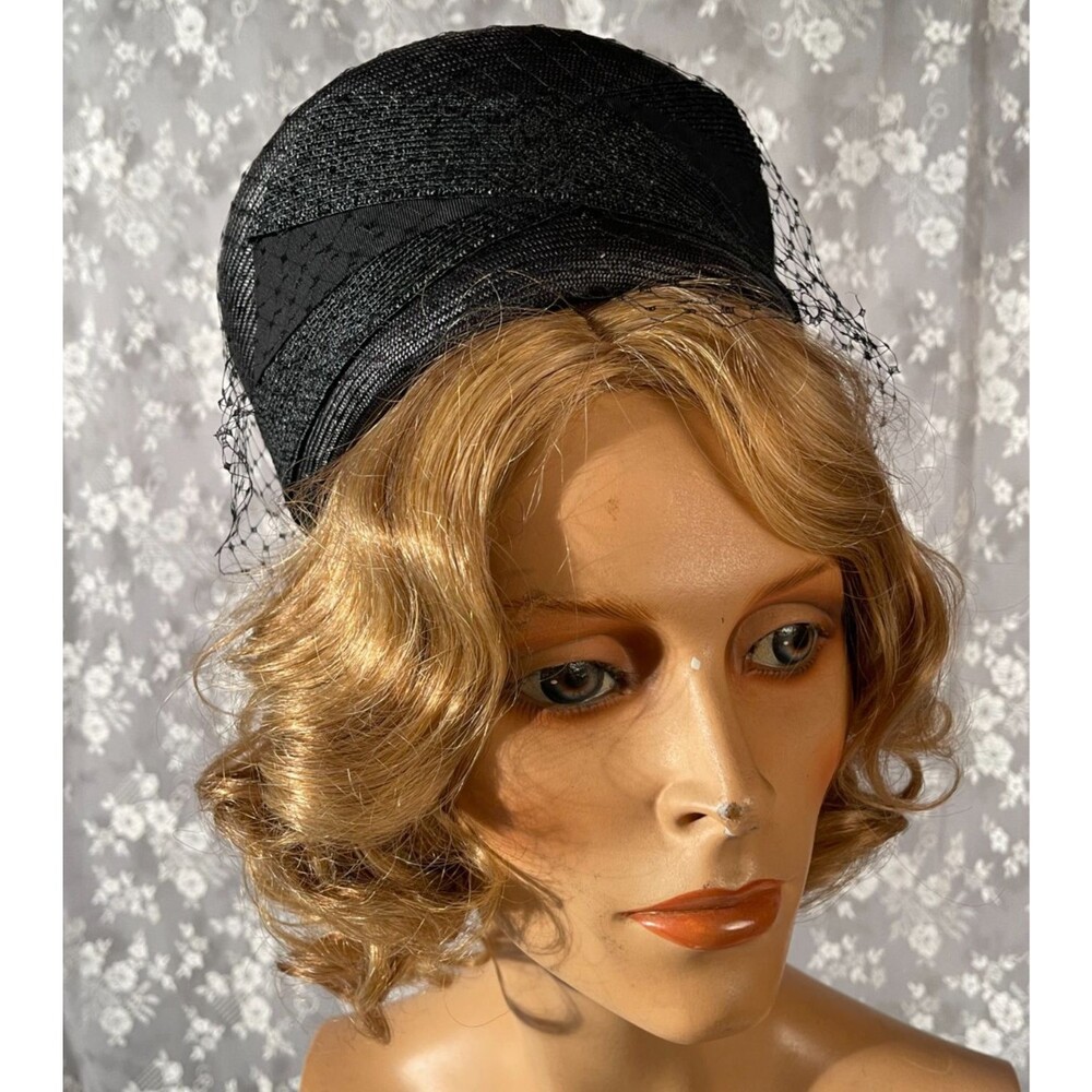 Vintage 60s Black Pillbox Hat Veil Mod Jackie Kennedy Cocktail Formal Mad Men